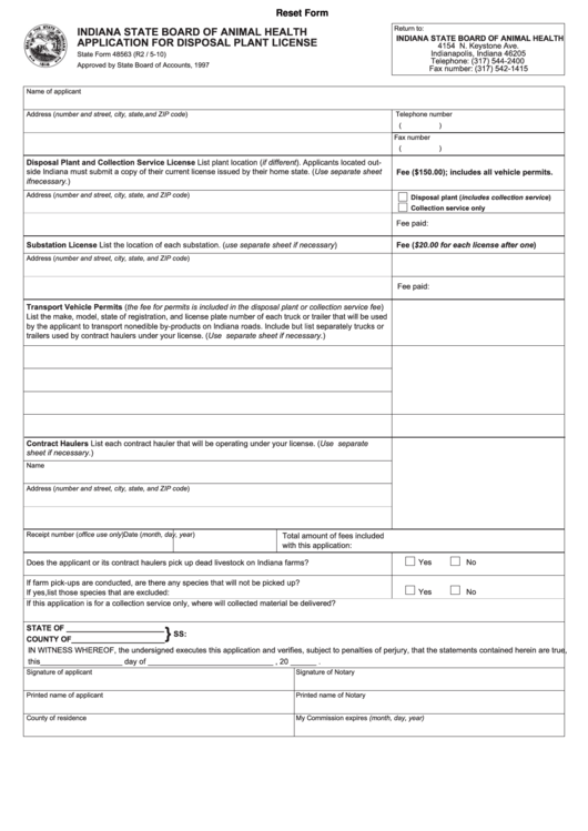 Fillable State Form 48563 Indiana State Board Of Animal Health