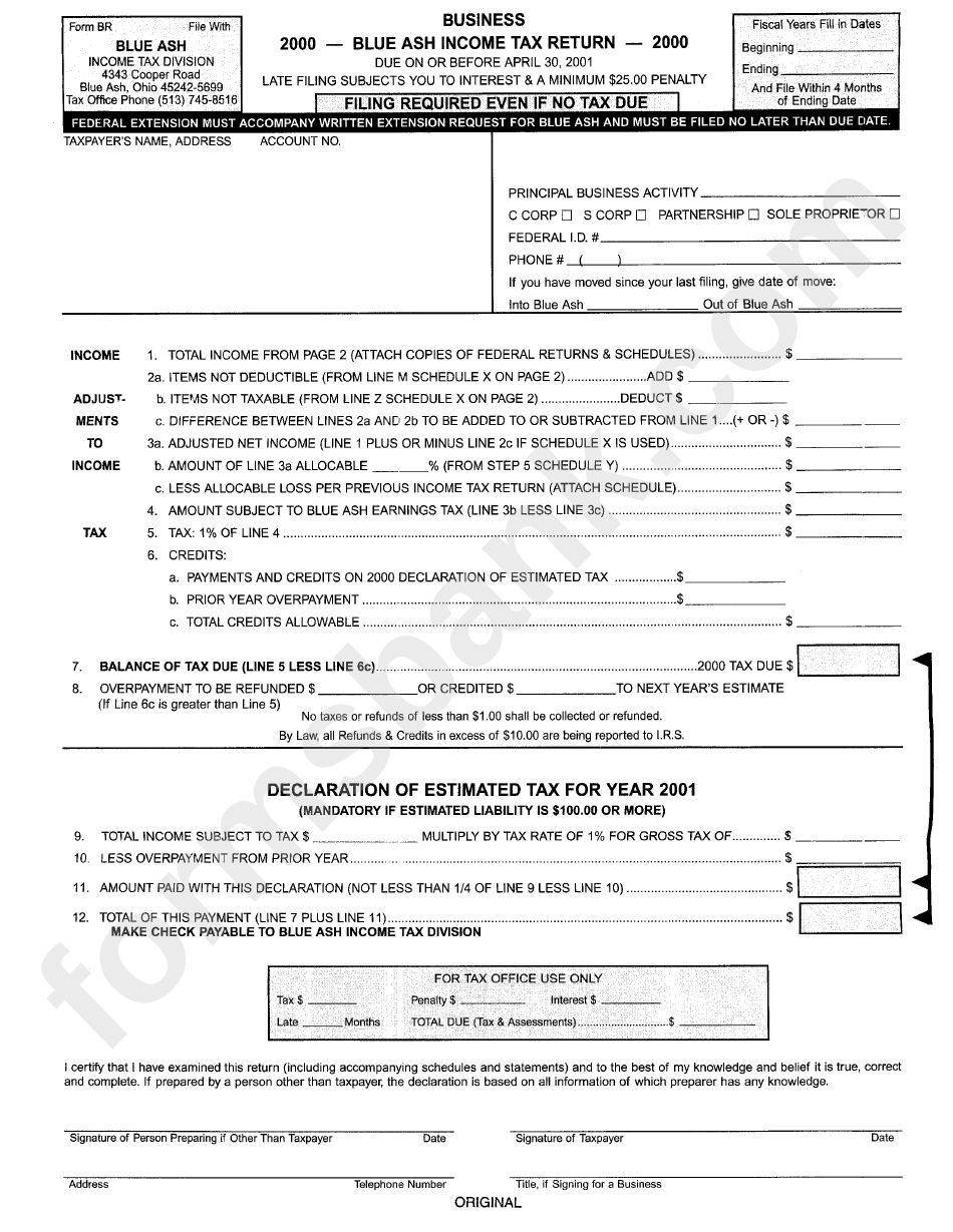 Form Br Blue Ash Tax Return 2000 printable pdf download