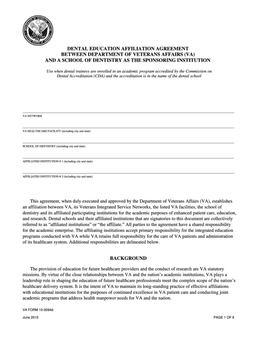Fillable Va Form 100094d Dental Education Affiliation Agreement