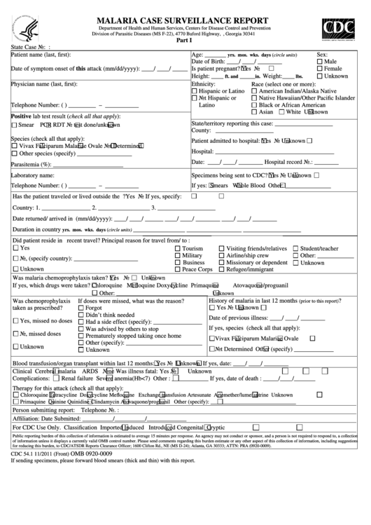 Form Cdc 54.1 Malaria Case Surveillance Report printable pdf download