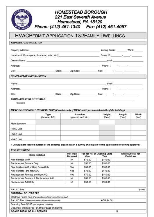 Hvac Permit Application 1 & 2 Family Dwellings printable pdf download