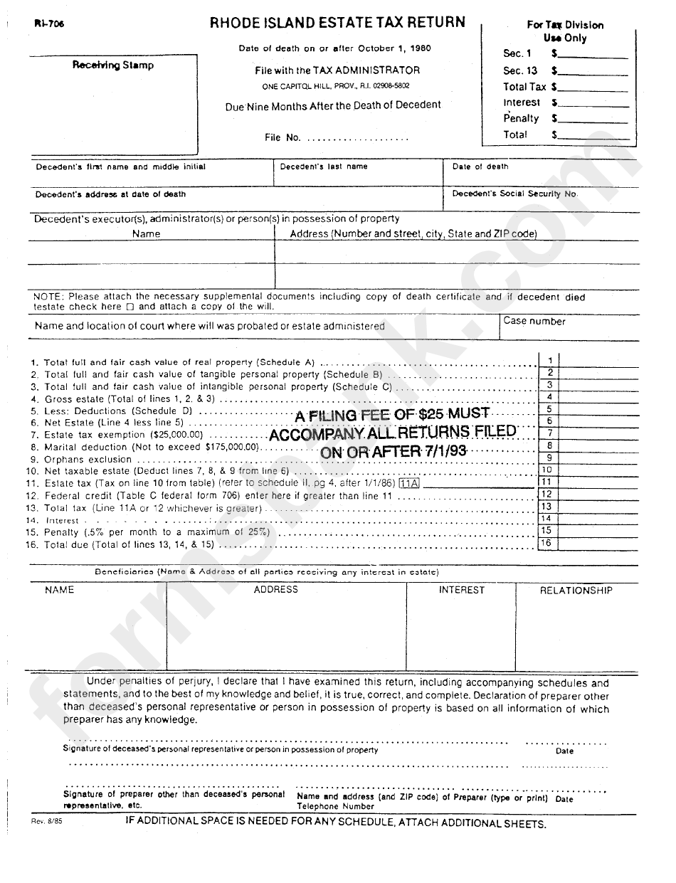 Form Ri706 Rhode Island Estate Tax Return printable pdf download