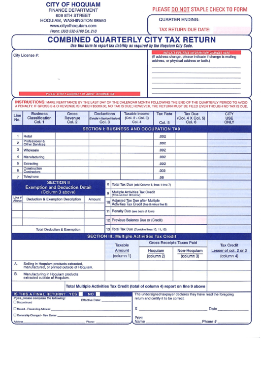 Combined Quarterly City Of Hoquiam Tax Return Form printable pdf download