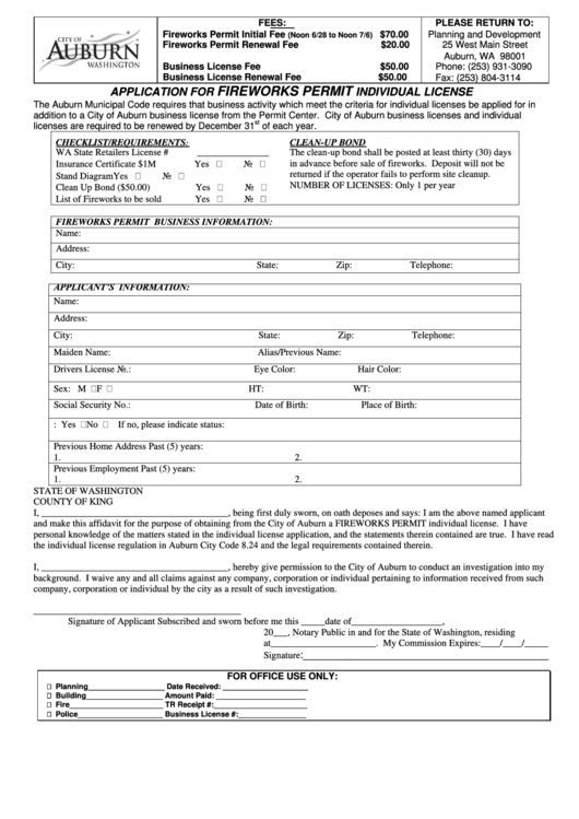 Application For Fireworks Permit Individual License City Of Auburn