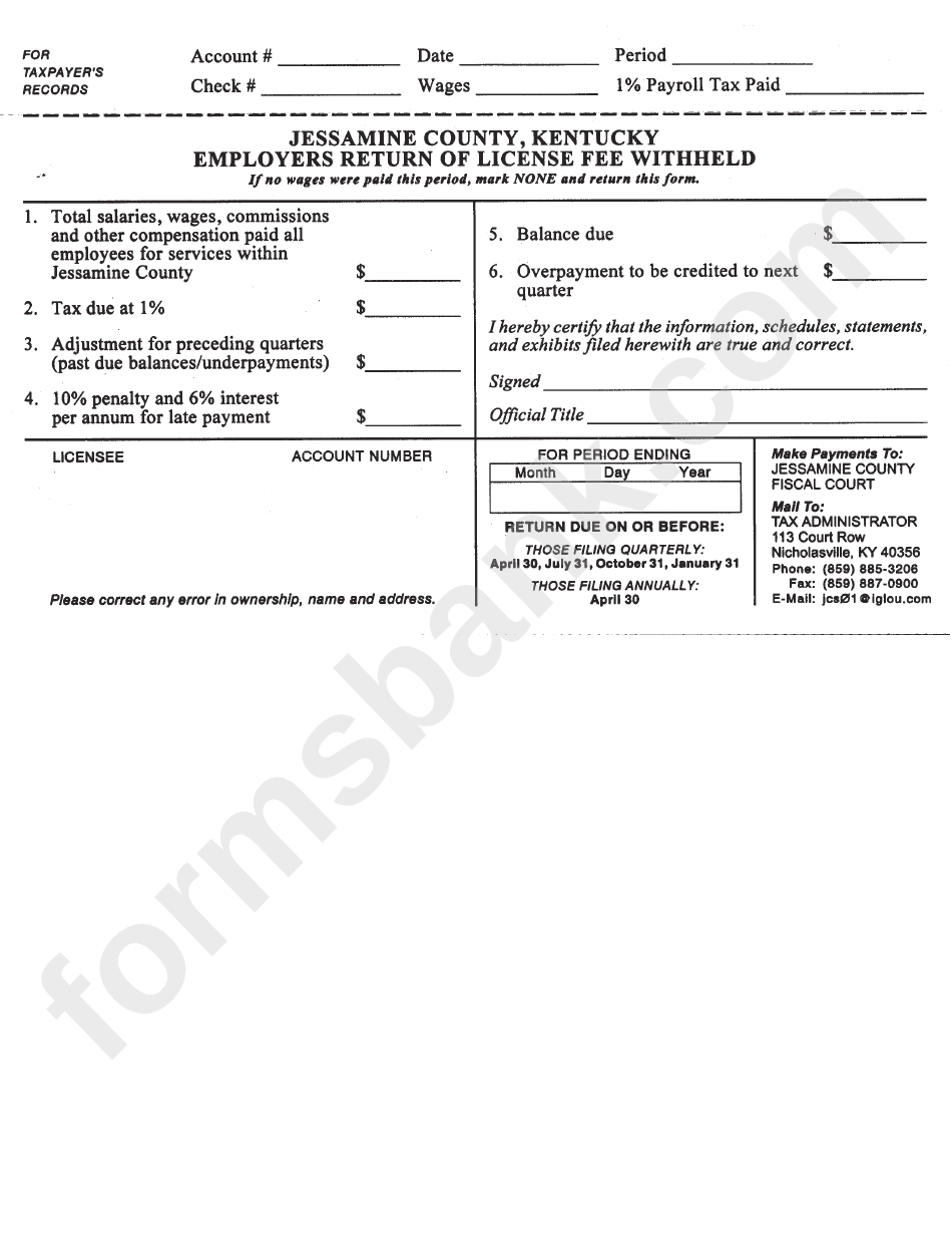 Employers Return Of License Fee Withheld Jessamine County printable