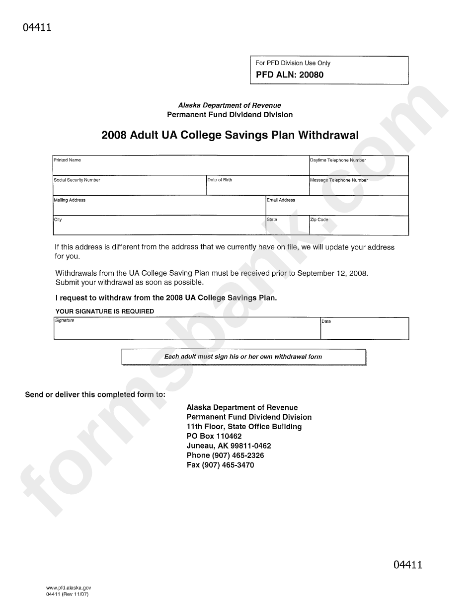 Form 04411 Adult Ua College Savings Plan Withdrawal 2008 printable