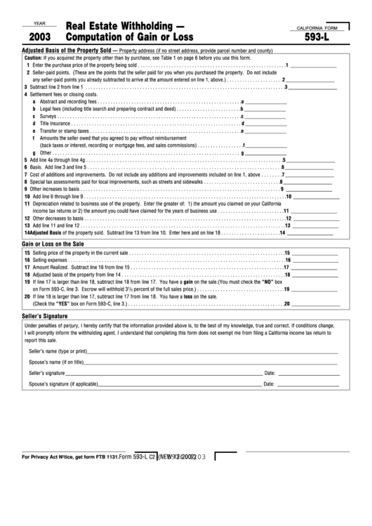 Form 593L Real Estate Withholding Computation Of Gain Or Loss