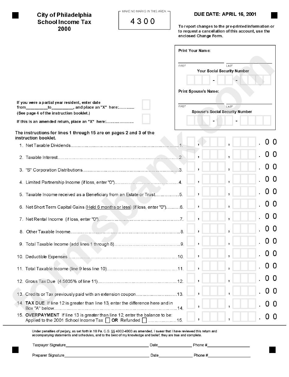 School Tax 2000 City Of Philadelphia printable pdf download