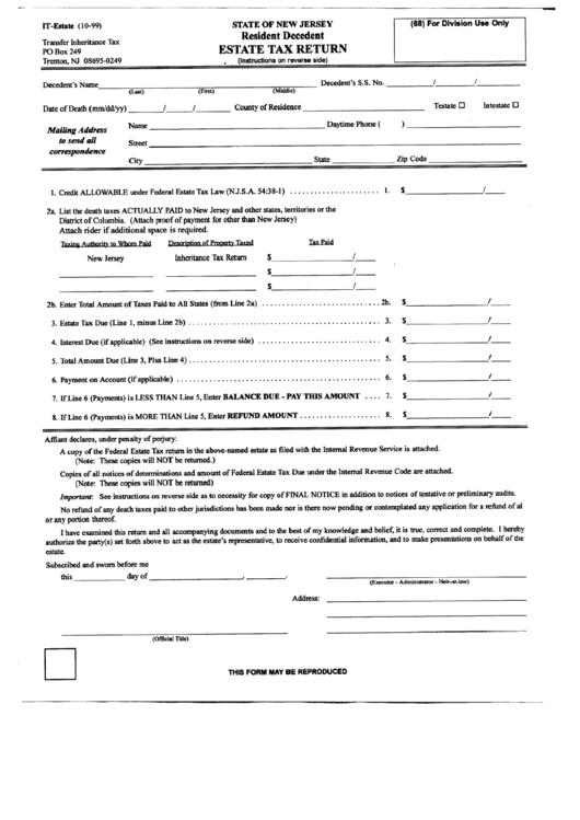 Form ItEstate Estate Tax Return State Of New Jersey printable pdf