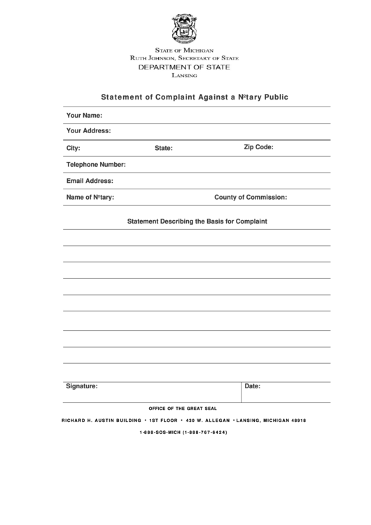 Statement Of Complaint Against A Notary Public Michigan Secretary Of