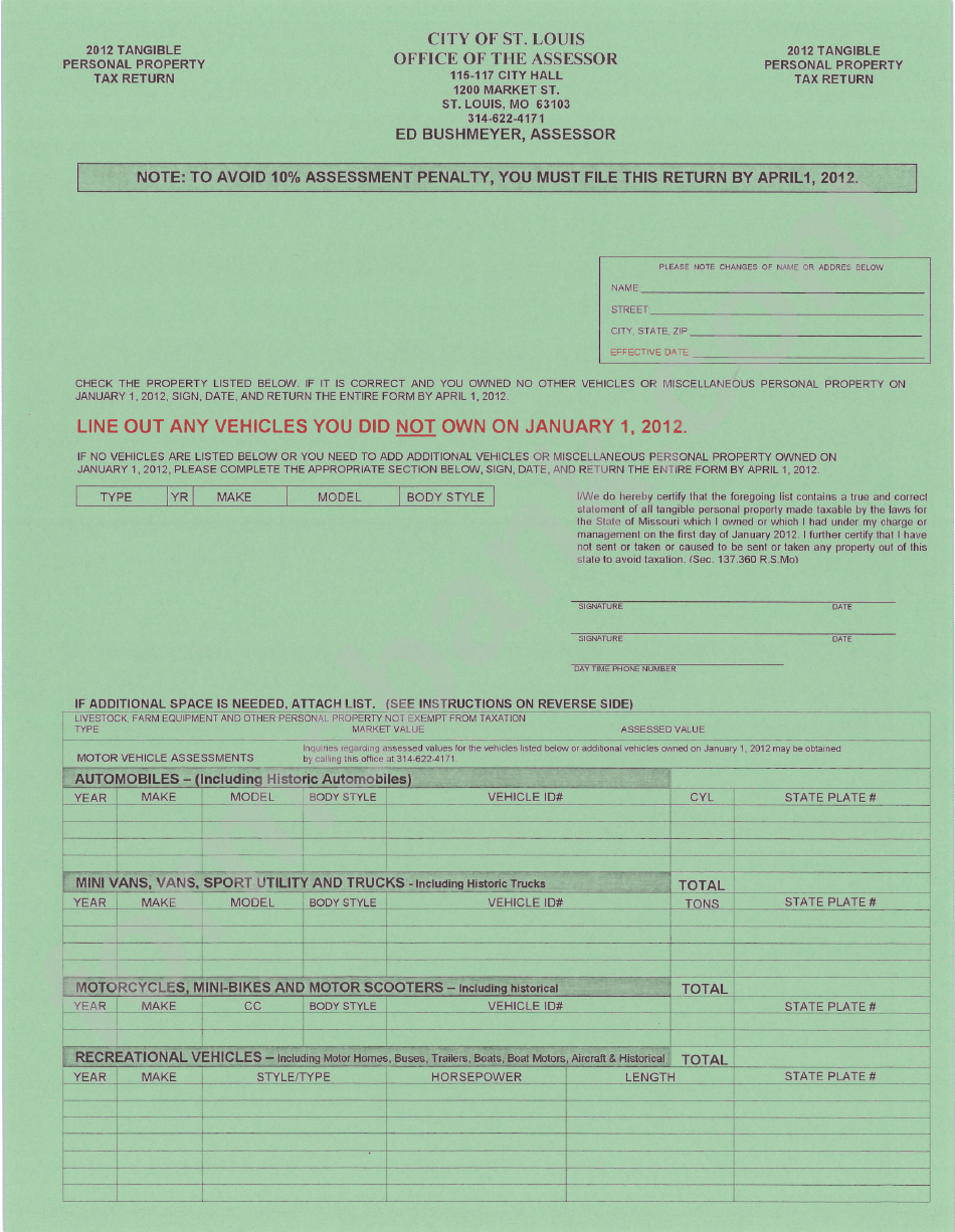 Personal Property Tax Return City Of St. Louis 2012 printable pdf
