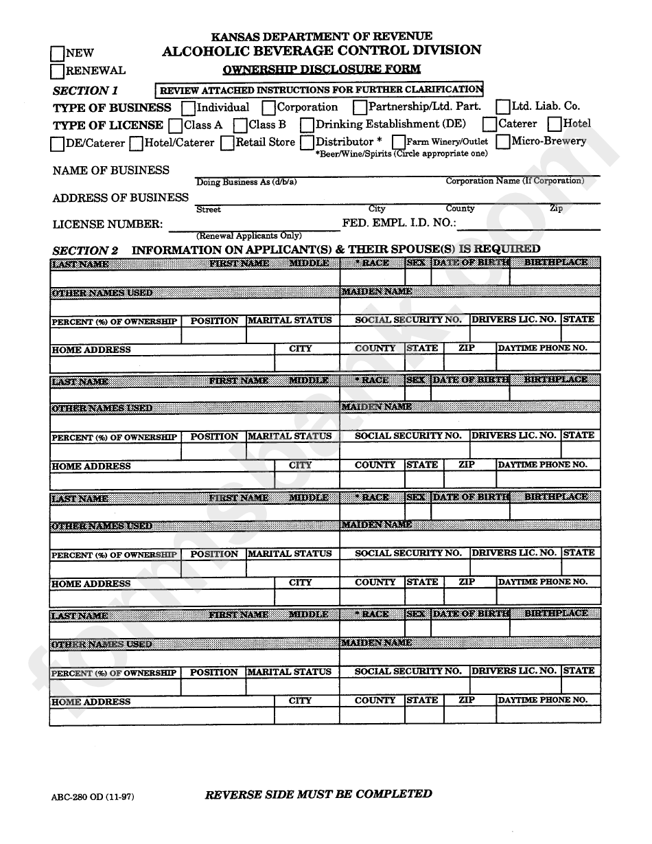 Form Abc280 Od Alcoholic Beverage Control Division printable pdf