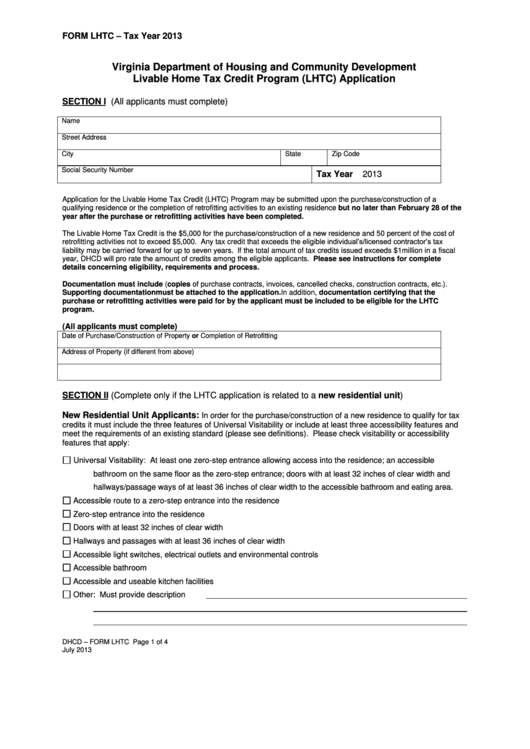 Form Lhtc Livable Home Tax Credit Program (Lhtc) Application 2013