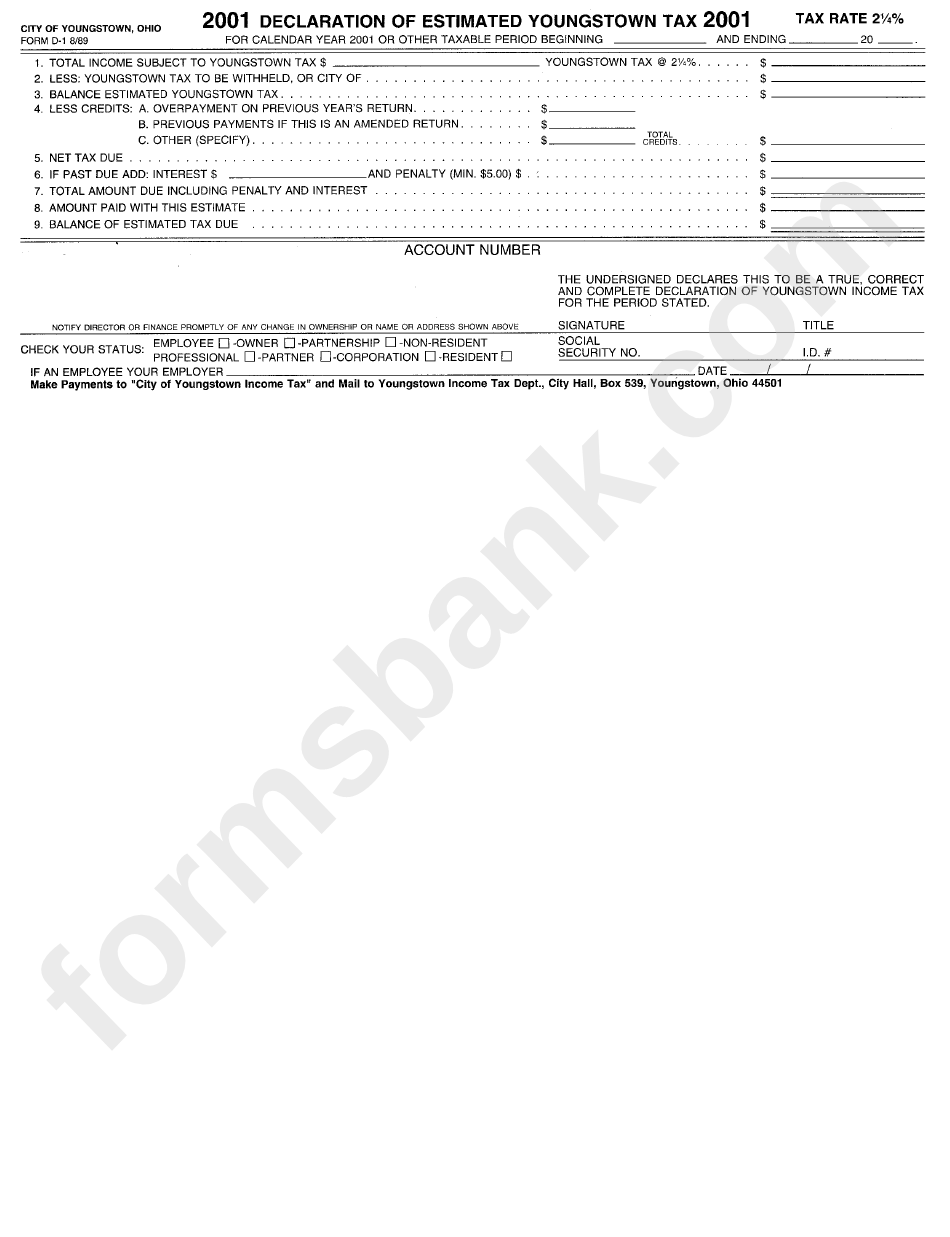 Form D1 Declaration Of Estimated Youngstown Tax 2001 printable pdf