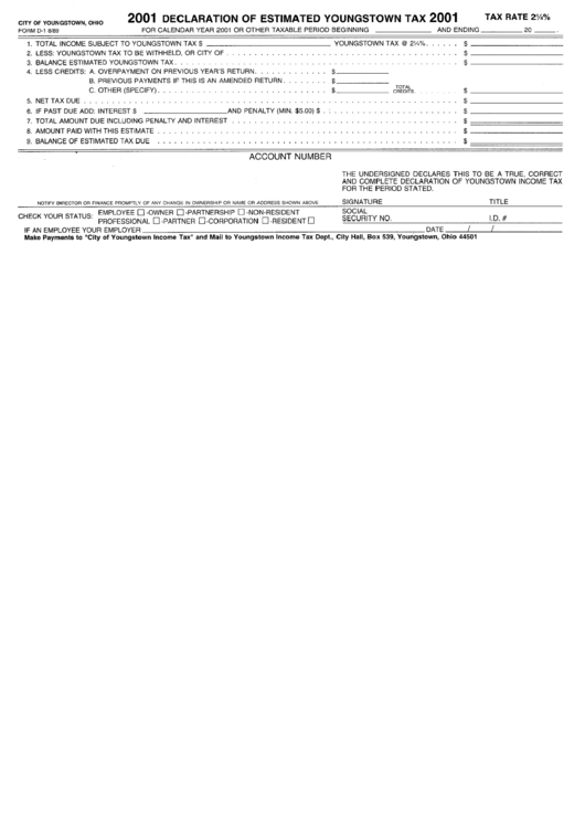 Form D1 Declaration Of Estimated Youngstown Tax 2001 printable pdf