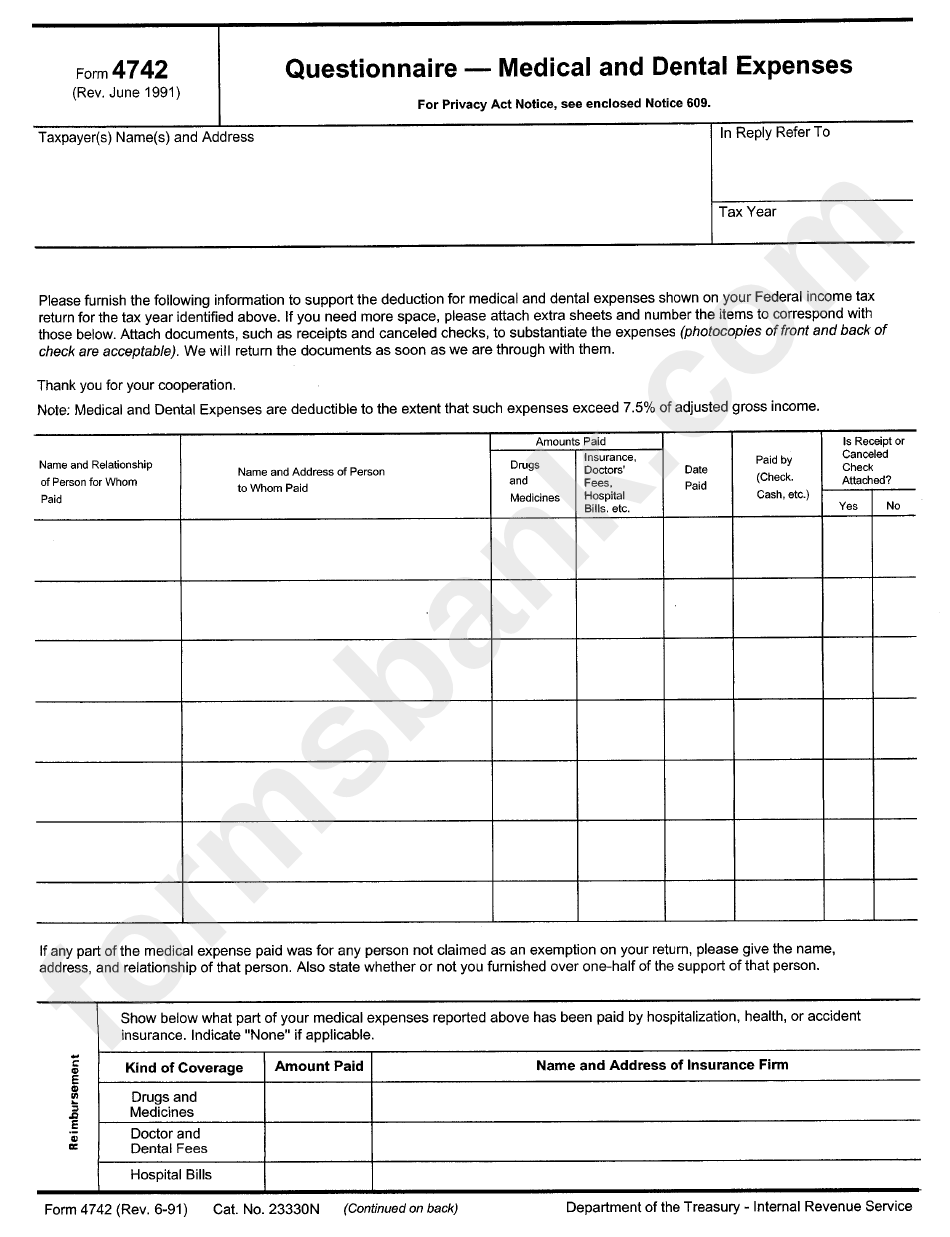 Form 4742 Questionnaire Medical And Dental Expenses printable pdf