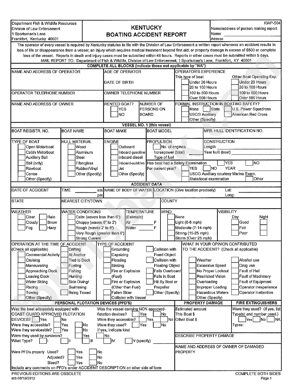 Form Kwp504 Kentucky Boating Accident Report printable pdf download