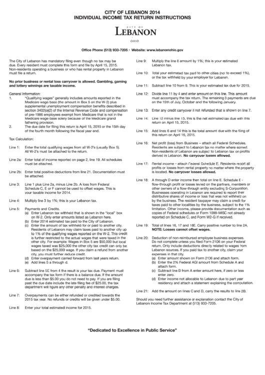 City Of Lebanon Individual Tax Instructions 2014 printable pdf