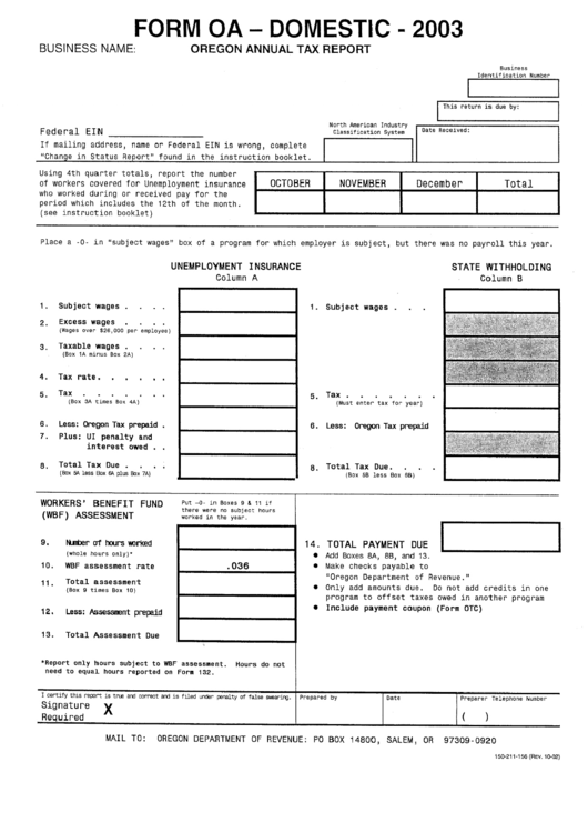 Form OaDomestic Oregon Annual Tax Report 2003