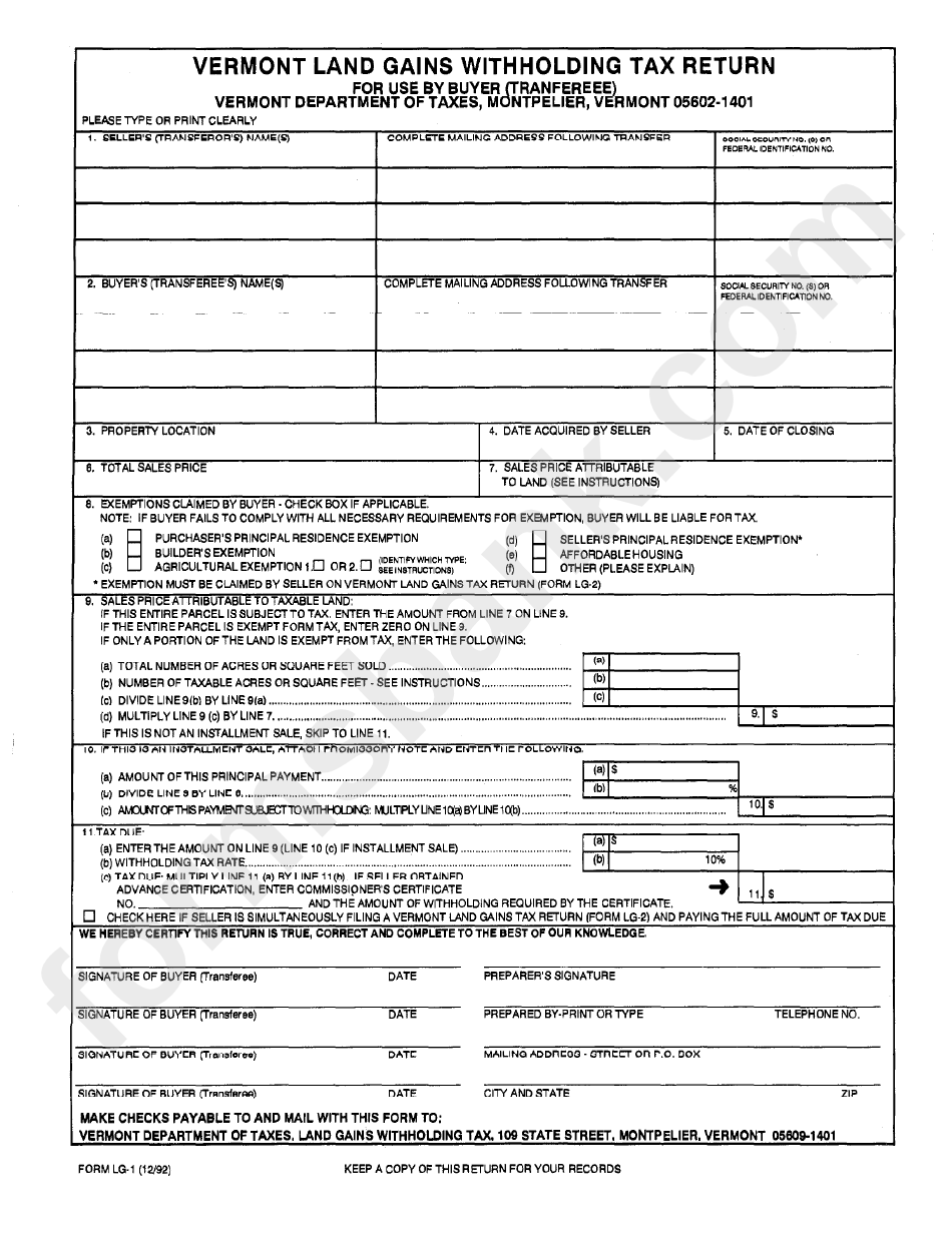 Form Lg1 Vermont Land Gains Withholding Tax Return printable pdf