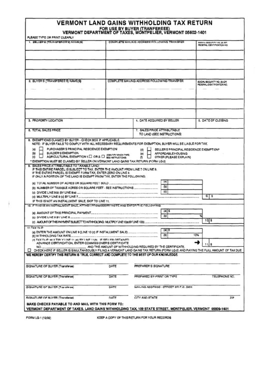 Form Lg1 Vermont Land Gains Withholding Tax Return printable pdf