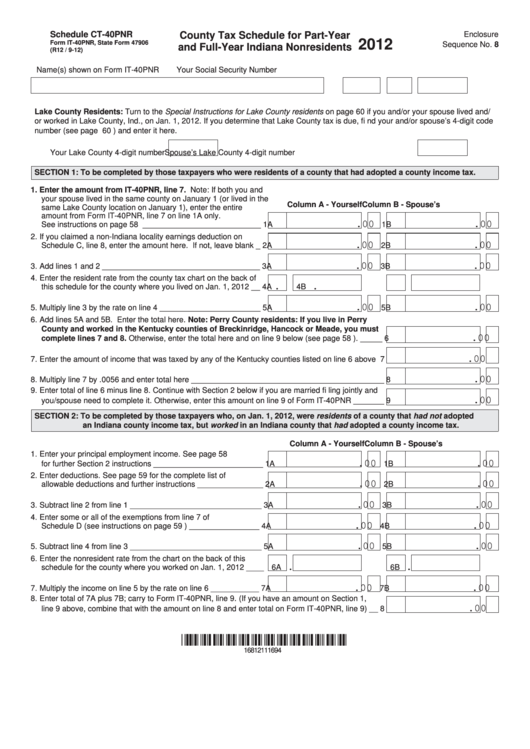Fillable Form It40pnr Schedule Ct40pnr County Tax Schedule For