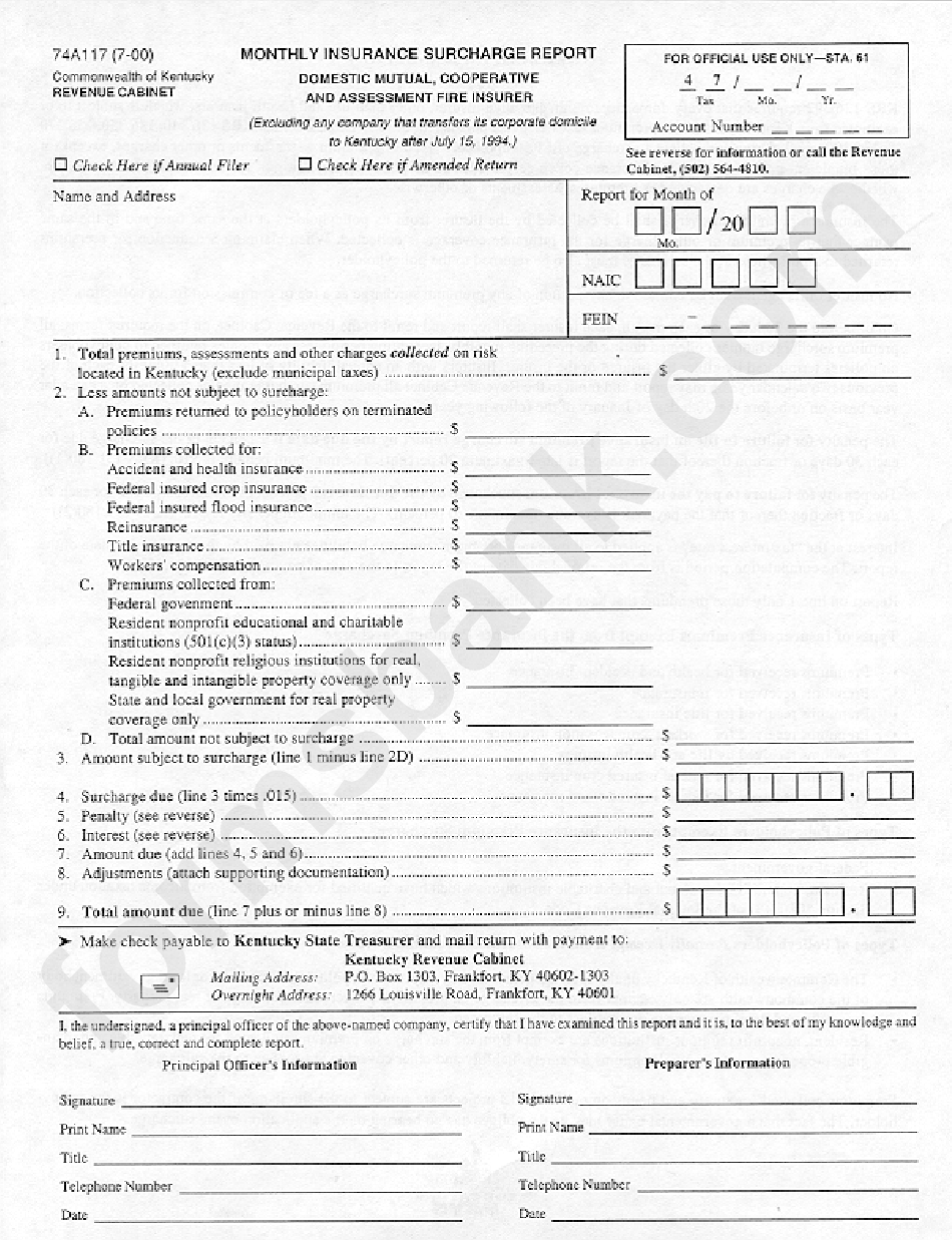 Form 74a117 Monthly Insurance Surcharge Report printable pdf download