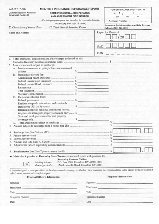 Form 74a117 Monthly Insurance Surcharge Report printable pdf download