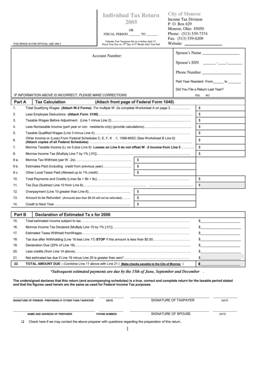 Individual Tax Return Form City Of Monroe 2005 printable pdf download