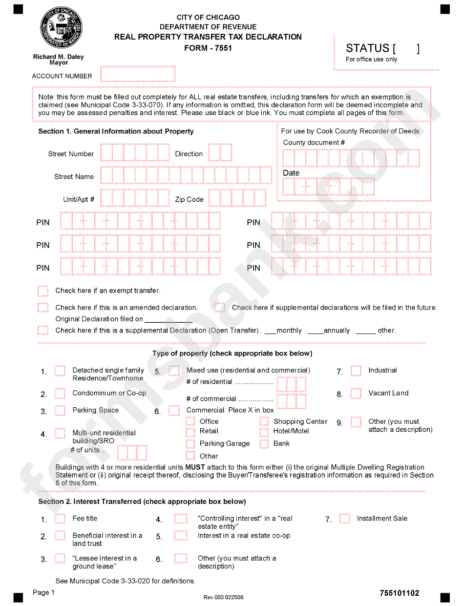 Fillable Form 7551 Real Property Transfer Tax Declaration printable