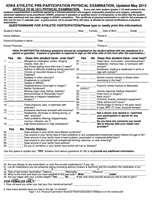 Questionnaire For Athletic Participation Iowa Athletic Pre
