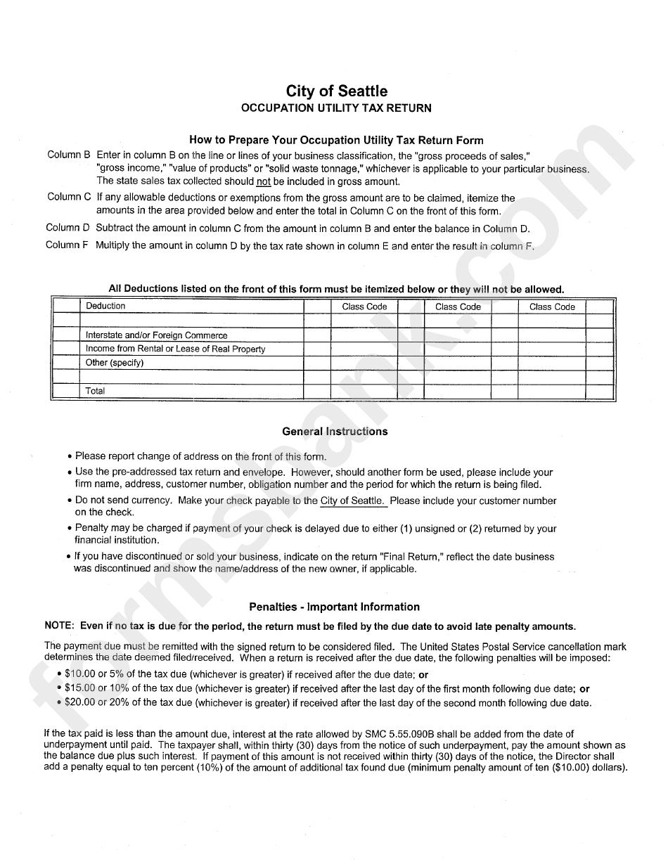 City Of Seattle Occupation Utility Tax Return printable pdf download
