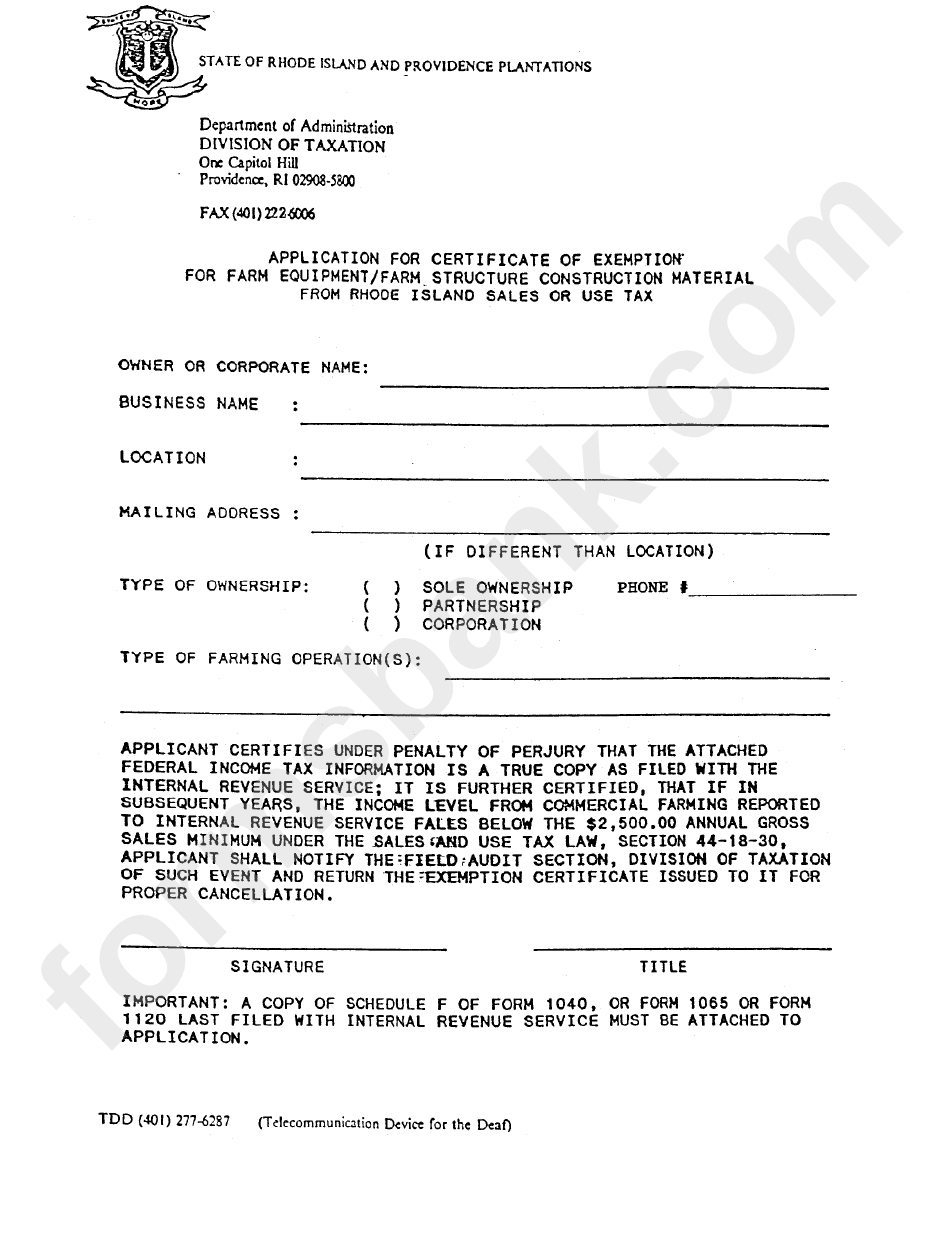 Fillable Form Tdd (401) Application For Certificate Of Exemption For