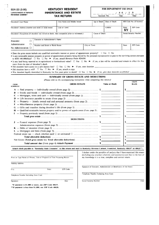 Form 92a120 Kentucky Resident Inheritance And Estate Tax Return printable pdf download