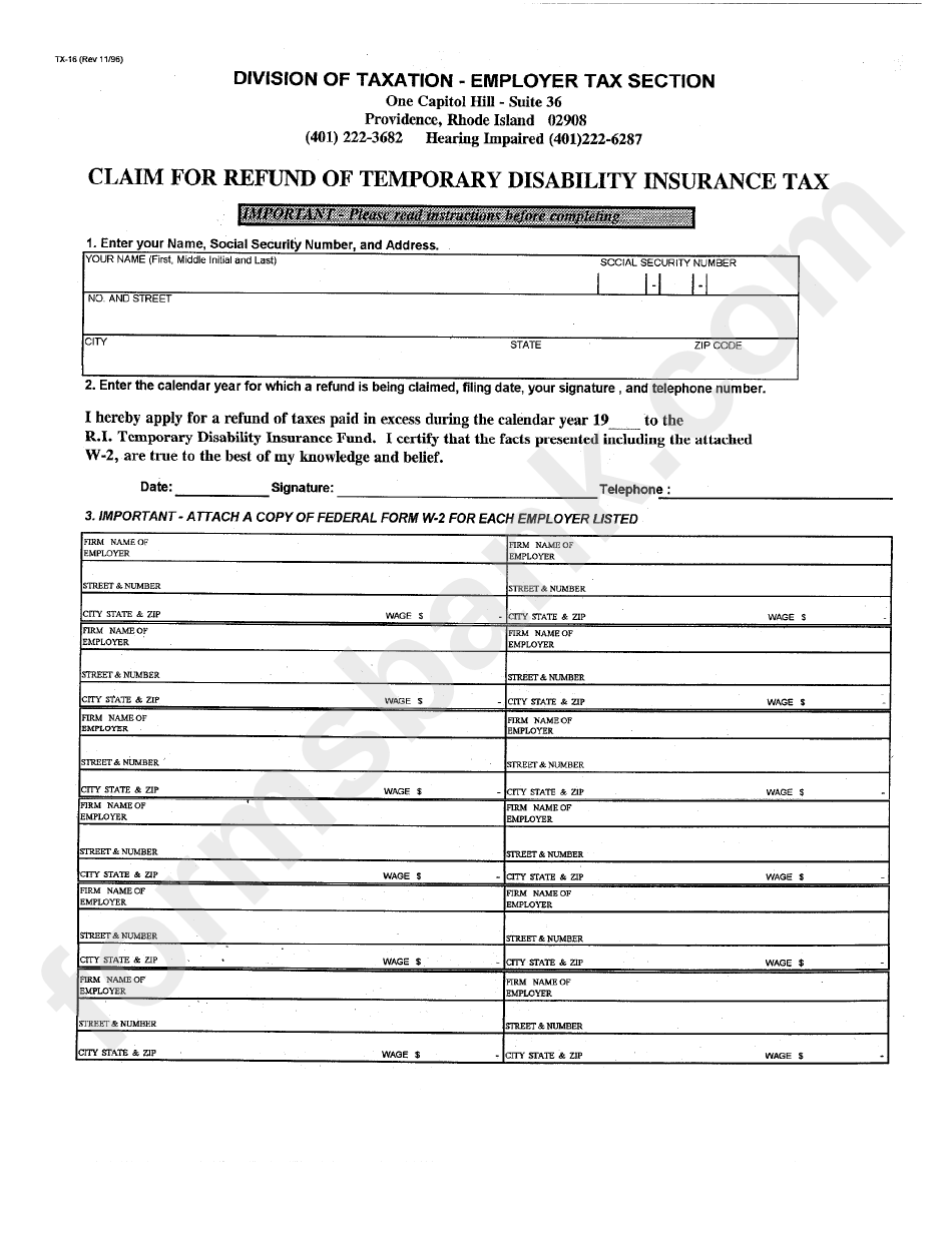 Form Tx16 Claim For Refund Of Temporary Disability Insurance Tax