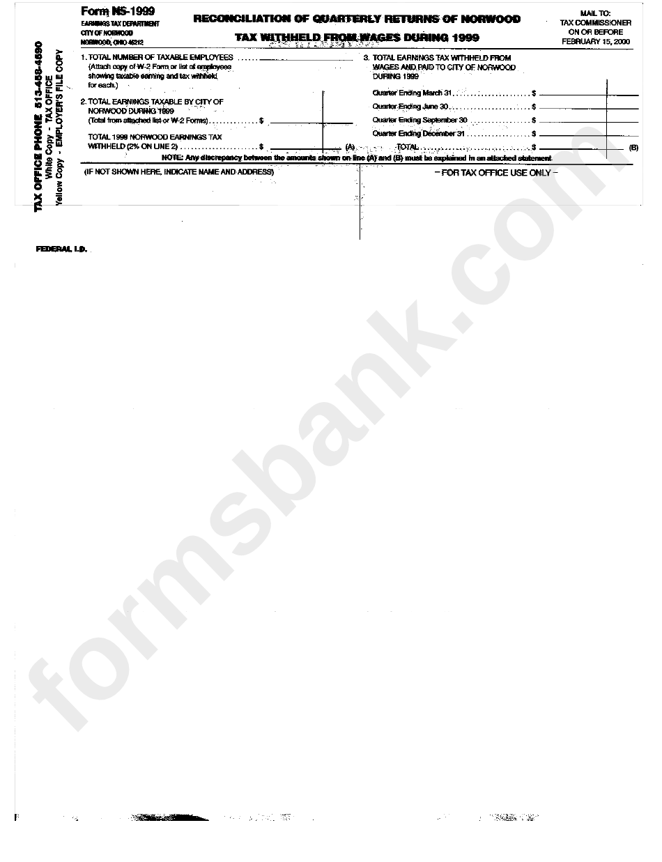 Form Ns1999 Reconciliation Of Quarterly Returns Of Norwood Tax