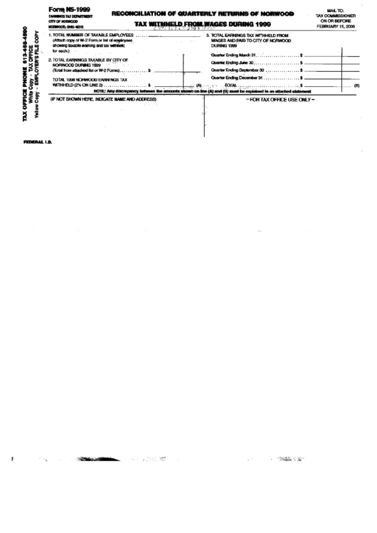 Form Ns1999 Reconciliation Of Quarterly Returns Of Norwood Tax