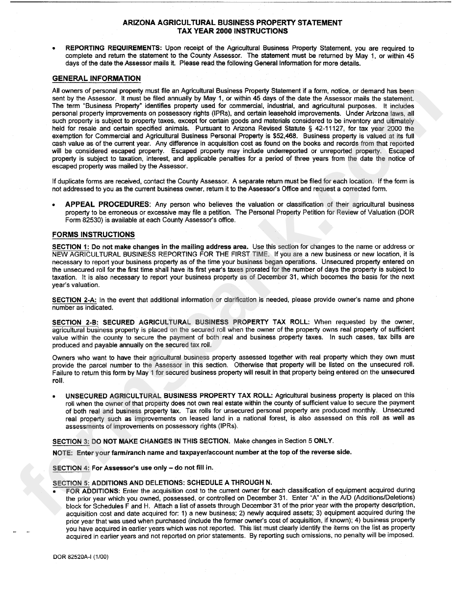 Instructions For Arizona Agricultural Business Property Statement Form