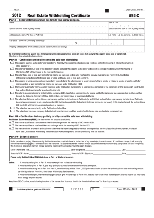 Fillable Form 593C Real Estate Withholding Certificate 2012 printable pdf download