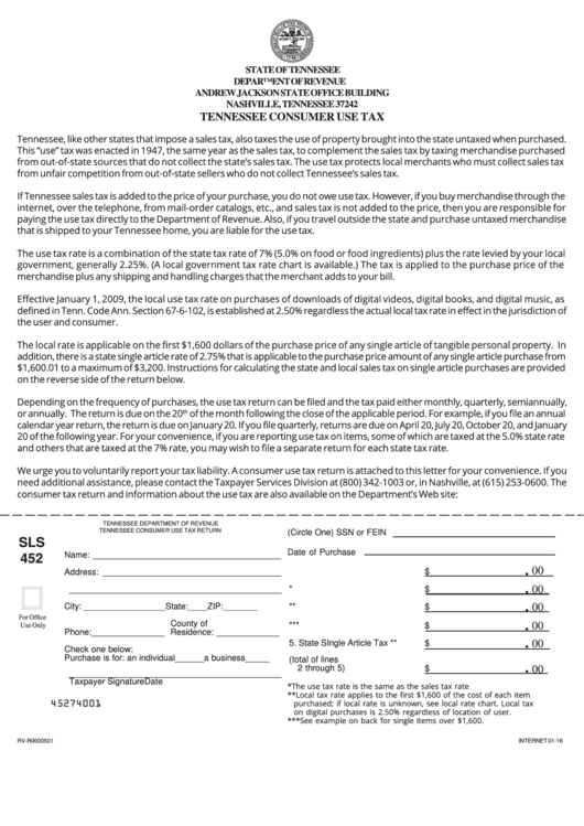 Form Sls 452 Tennessee Consumer Use Tax printable pdf download