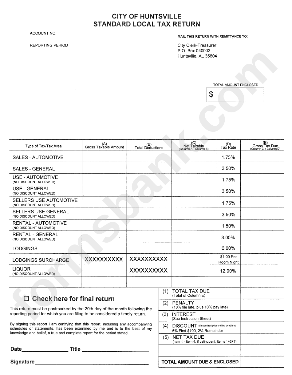 Standart Local Tax Return City Of Huntsville printable pdf download
