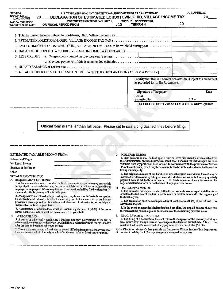 Form D2 Declaration Of Estimated Lordstown, Ohio, Village Tax