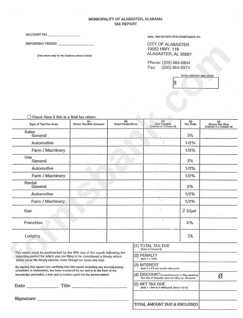 Tax Report Municipality Of Alabaster, Alabama printable pdf download