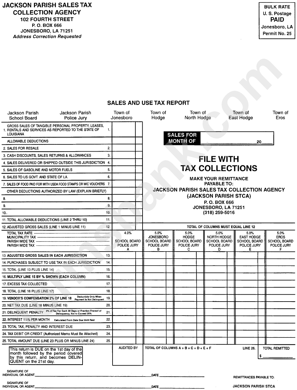 Sales And Use Tax Report Jonesboro Jackson Parish Stca printable
