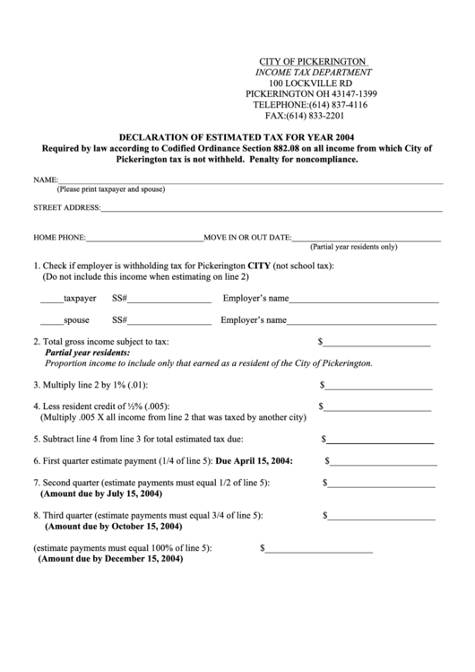 Declaration Of Estimated Tax For Year 2004 City Of Pickerington