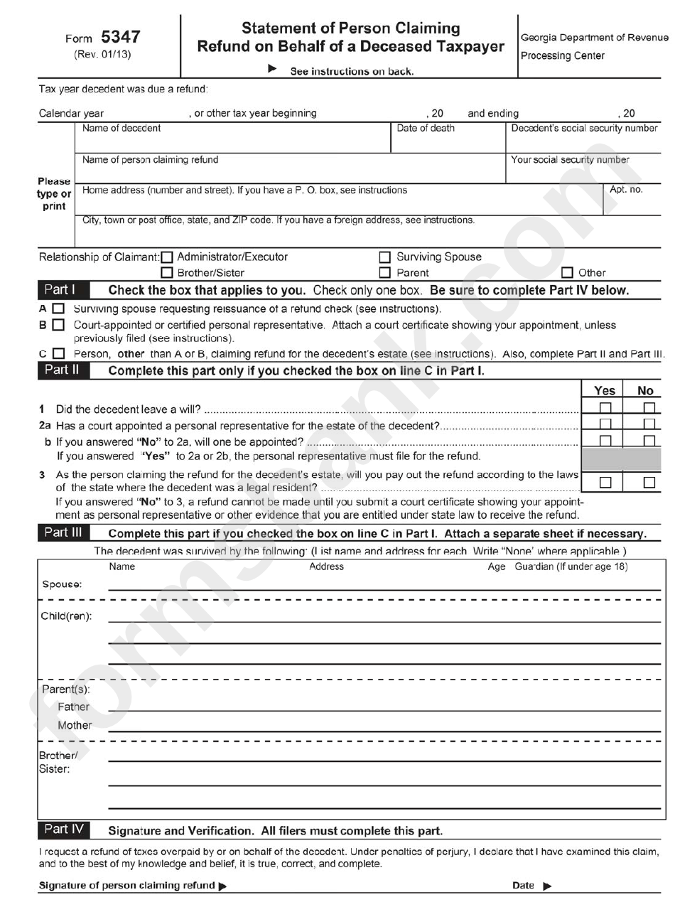 Form 5747 Statement Of Person Claiming Refund On Behalf Of A Deceased Taxpayer printable pdf
