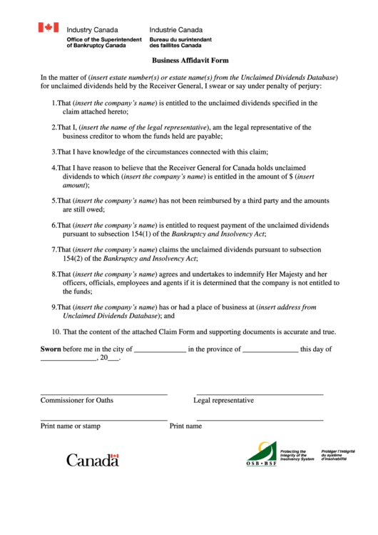 Business Affidavit Form printable pdf download