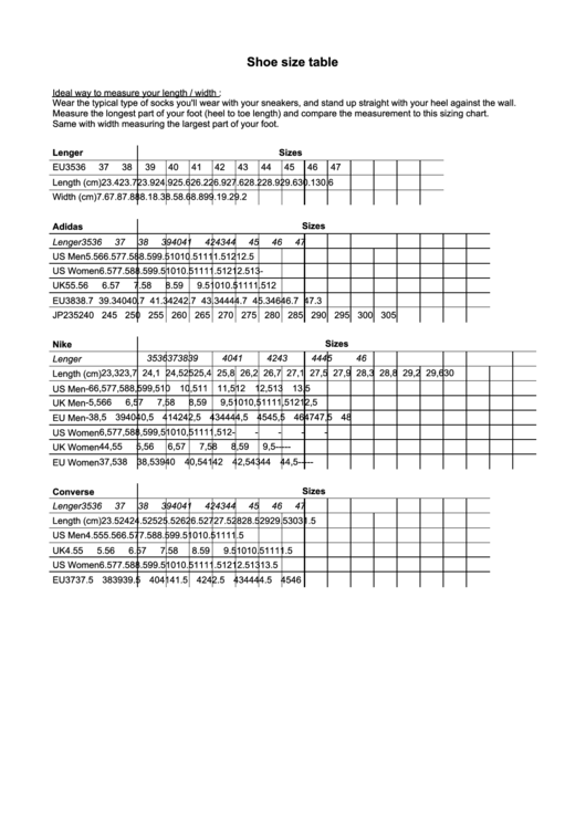 Adidas Shoe Size Chart Cm