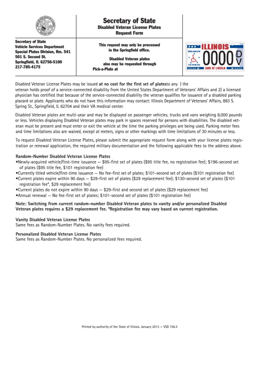 Fillable Disabled Veteran License Plates Request Form Illinois