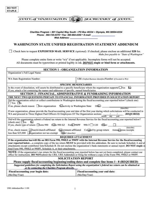 Washington State Unified Registration Statement Addendum Washington